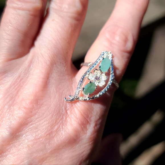 "2 Peas in a Pod" Emerald & Pink Topaz sterling ring sz8 - Picture 4 of 7